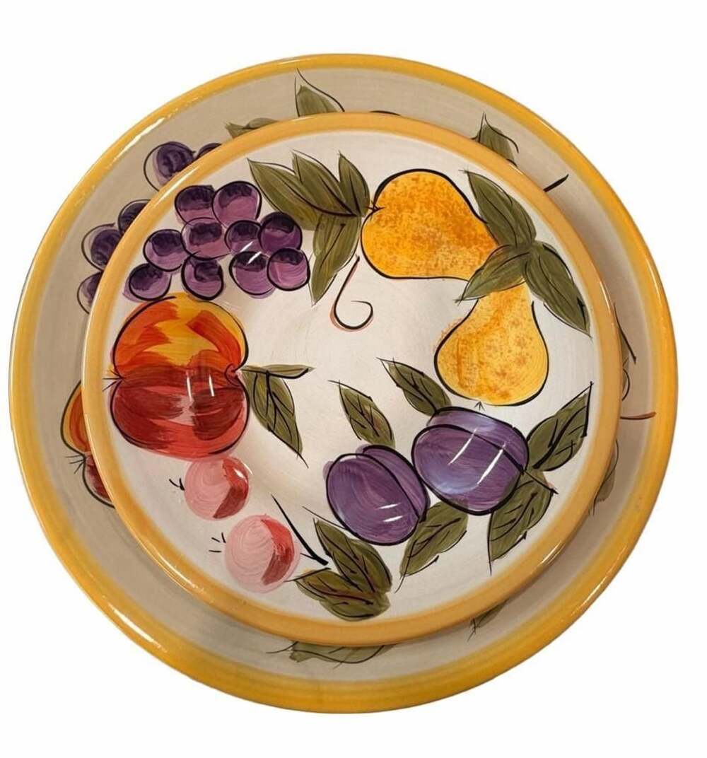 Tabletops Gallery Cornucopia Hand Painted Fruit Dinner and Salad Plate Set